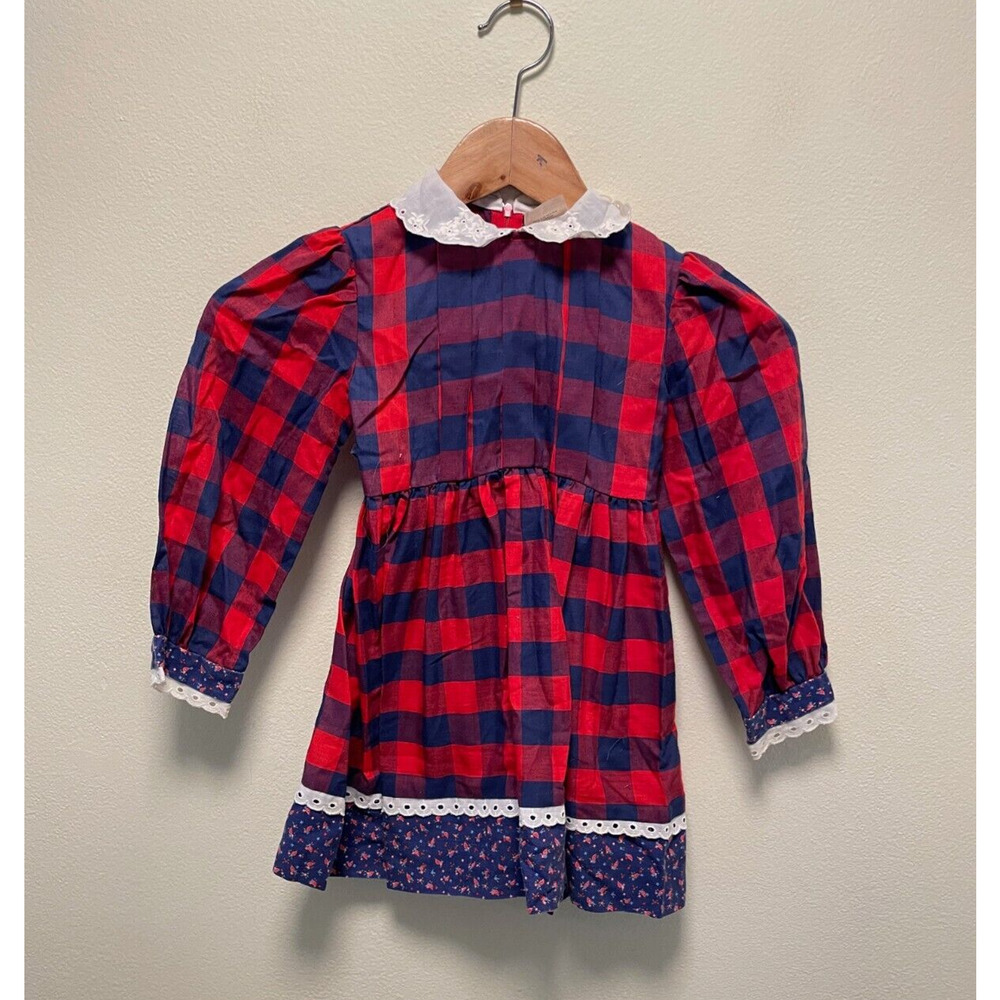 Vintage Youngland Girls Dress Size 4 Red Blue Plaid Ruffle Cottagecore Prairie